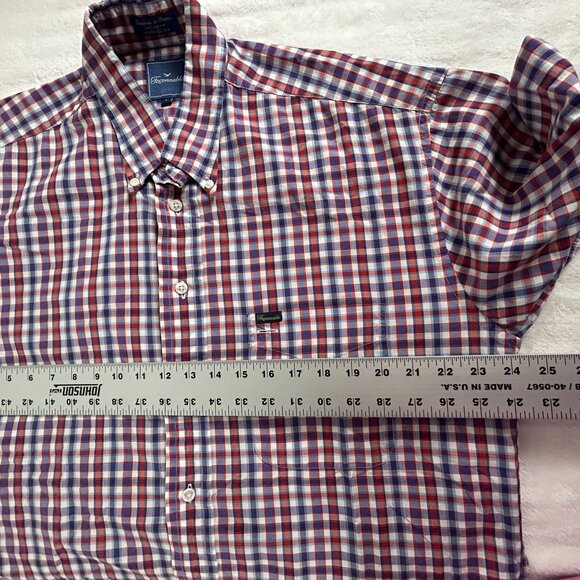 Faconnable Mens Red Blue Checkered Short-Sleeve Button-Down Shirt Large Cotton - Picture 6 of 7